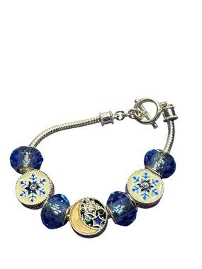 Winter Celestial Beaded Charm Bracelet Crescent Moon Snowflakes Blue White